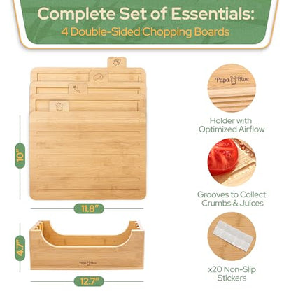 Bamboo Cutting Board Set of 4 - Wood Cutting Board Set with Holder - Bamboo Cutting Boards for Kitchen with Labeled Food Icon - Chopping Board Set With Stand - Includes Bread Board and Juice Groove