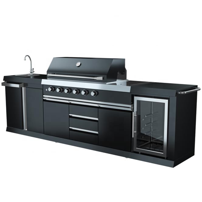 MCP-Distributions 3 Piece 10' Foot Modular Marble Top Black Stainless Steel Outdoor BBQ Kitchen Island Grill, Propane or Natural Gas, with Refrigerator and Sink Modules, 3PMGB