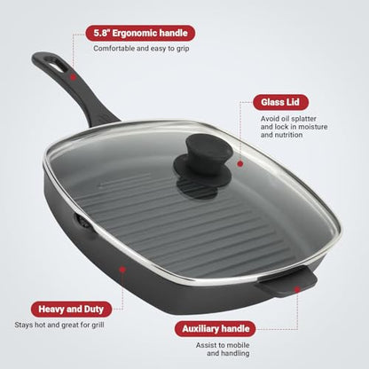 Northriver Casting 10.5 Inch Cast Iron Square Grill Pan with Tempered Glass Lid, Heavy Steak & Bacon Pans for Stove Tops