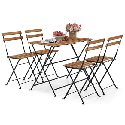 Giantex 5-Piece Outdoor Dining Table Set for 4, Acacia Wood Bistro Table with 4 Folding Patio Chairs, Slatted Seat & Tabletop, Metal Frame, for Yard Porch Garden Poolside (Black + Brown)