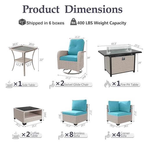 SnugVista Patio Furniture Set, 18-Piece Outdoor Sectional Sofa with Swivel Rocker Chairs & Fire Pit Table, Wicker Patio Conversation Set with Coffee Table, Cyan Cushions