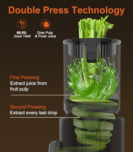 URVIBY Juicer Machines, Cold Press Juicer with Double Press Technology, Large Feed Chute, 400W Motor, High Juice Yield, Easy to Clean, Masticating Juicer for Whole Vegetables & Fruits, Dark Black