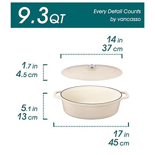 vancasso Enameled Cast Iron Dutch Oven, 9.3 Quart Dutch Oven Pot with Lid, Oval Cast Iron Pot with Non Stick Enamel Coating for Bread Baking, White