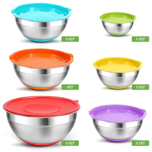 Eallpha Mixing Bowls with Lids Set,10pcs Stainless Steel Mixing Bowls with Graters and Egg Whisk &Non-Slip Bottoms Food Prep Nesting Bowls for Baking, Cooking, Meal Storage(1.2QT-5.5QT)