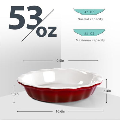 Lareina Deep Dish Pie Pan for Baking, 9 Inch Ceramic Fluted Pie Dish for Apple, Quiche, Pecan, Pot Pies, 53 Ounce Round Pie Plate, Set of 2, Red