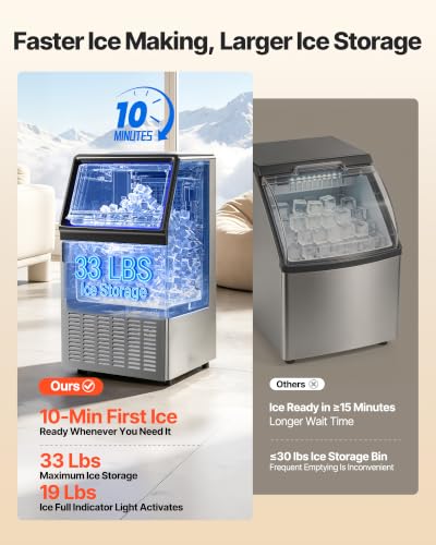 VEVOR Commercial Ice Maker Machine, 120 lbs/24H Ice Production, 19-33 lbs Storage Bin, 45 Cubes per Cycle, Stainless Steel Under Counter & Freestanding Ice Maker with LED Display, Self-Cleaning