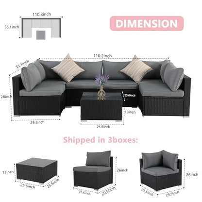 ZJEYEJZ 7 Pieces Black Patio Furniture Set - All-Weather Outdoor Sectional Wicker Conversation Sofa, Rattan Patio Seating Sofa Set with Grey Cushions and Glass Table for Porch Poolside, Spring 2026