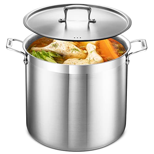 Stainless Steel Stockpot with Lid 20 Quart, Durable 18/8 Stainless Steel, Impact-Bonded Base for Even Heating, Riveted Handles, Oven & All Stove Compatible, Safe Up To 500°F (260°C)