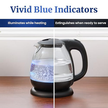 Elite Gourmet EKT1001 Electric 1.0L BPA-Free 1100W Glass Kettle Cordless 360° Base, Stylish Blue LED Interior, Handy Auto Shut-Off Function – Quickly Boil Water For Tea & More, Black
