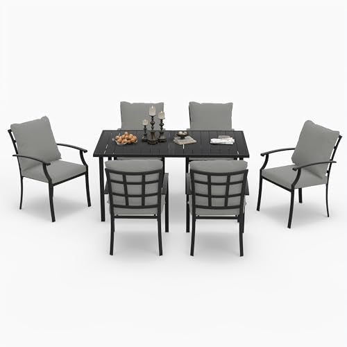HAPPATIO 7-Piece Patio Dining Set, Outdoor Dining Set with Powder-Coated Metal,Dining Table with Umbrella Hole, 6 Stackable Chairs with Removable Cushions for Porch Poolside Garden,Grey