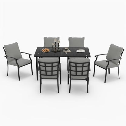 HAPPATIO 7-Piece Patio Dining Set, Outdoor Dining Set with Powder-Coated Metal,Dining Table with Umbrella Hole, 6 Stackable Chairs with Removable Cushions for Porch Poolside Garden,Grey