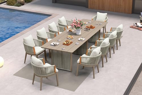 PURPLE LEAF 11 Pieces Outdoor Dining Set for 10, Aluminum Outdoor Patio Table and Chairs Set with Olefin Cushions, All-Weather Patio Dining Set for Garden or Deck, Beige