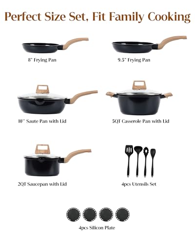 FDN 16Pcs Titanium Pots and Pans Set,Toxic-Free Cookware Set, Dishwasher & Oven Safe, Induction Compatible with Bakelite Wood Grain Handle, Compact and Durable