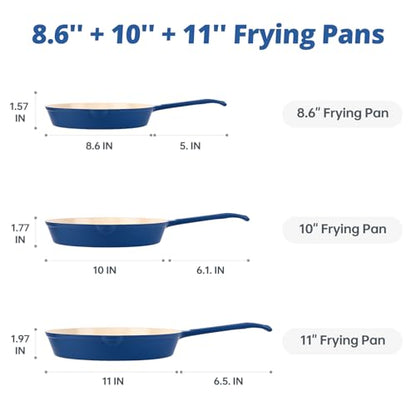 Hteizpz Enameled Cast Iron Skillet 3-Piece Set, Nonstick Heavy-Duty 11", 10", 8.6" Frying Pan, Oven & Induction Safe, Cookware for Gas, Electric, Ceramic Stovetops, Blue