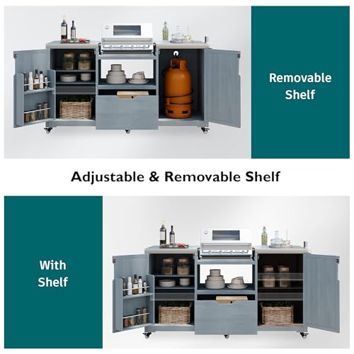 Amposei Outdoor Grill Cart Table for Large Big Green Egg Accessories 66.5’’ Solid Wood Kitchen Storage Island Prep Station with Stainless Steel Top for BBQ, Grey Blue