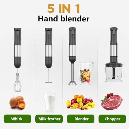 WHUTO Cordless Immersion Hand Blender, 5-in-1 Variable Speed blender handheld,Rechargeable with 2000mAh Battery, BPA-Free & Dishwasher-Safe Accessories:700ml Beaker,Chopper,Whisk & Milk Frother,Grey