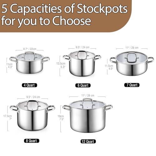 Cook N Home Stainless Steel Stockpot with Lid 7 Quart, Tri-Ply Clad Dutch Oven Soup Pot, Induction Cooking Pot, Silver