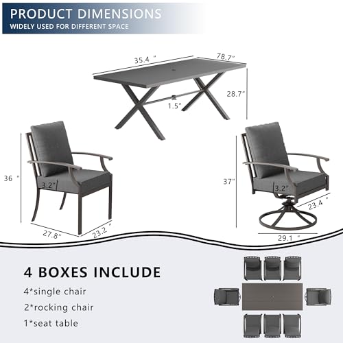 ASJMR 7 Piece Outdoor Dining Set for 6, Metal Patio Table and Chairs with Cushions, Patio Furniture Set with 2 Swivel Chairs, Rectangular Patio Dining Table with Umbrella Hole, Lawn Deck, Yard-Grey