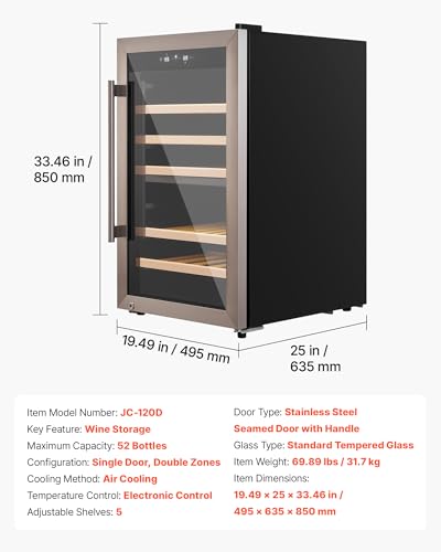 VEVOR 52 Bottle Wine Fridge, Freestanding Wine Cooler Refrigerator, Dual Zone Cooler, 41℉ to 65℉ Adjustable Temp Mini Cellar, Glass Door, For Home Office Bar, Red White Champagne or Sparkling Wines
