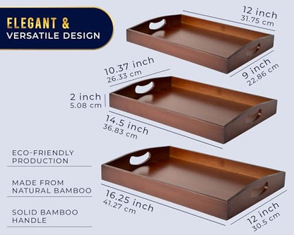 Comfify Dark Brown Bamboo Serving Trays with Handles – Set of 3 Nesting Ottoman Trays for Coffee Table, Breakfast, Food Serving & Home Decor – Rich Walnut-Tone Wood Tray for Kitchen & Living Room
