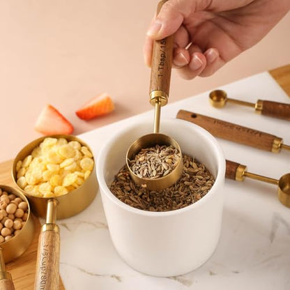 8Pcs Measuring Cups and Spoons Set - Golden Stainless Steel Measuring Cups with Wooden Handle, Metal Measuring Spoons Set Nesting Kitchen Measure Set for Kitchen/Food/Baking (8Pcs Wooden Handle)