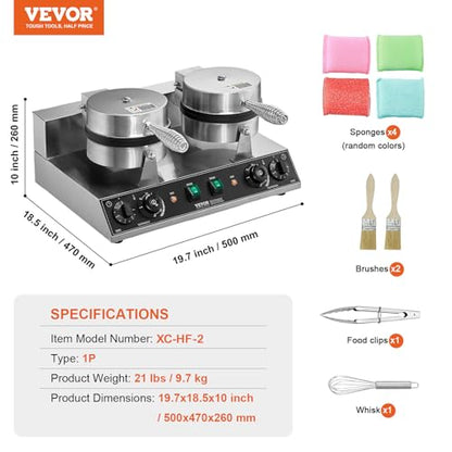 VEVOR Commercial Waffle Maker, Dual-Head Round Waffle Baker Machine, 2460W Non-Stick Stainless Steel Belgian Waffle Iron with Temp and Time Control, Handle, for Restaurant Bakery Snack Bar Family