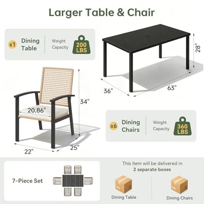 Aoxun 7-Piece Wicker Patio Table and Chairs Set for 6 with Umbrella Hole