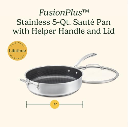 Cuisinart FusionPlus Hybrid Stainless Steel Cookware, 5-Quart Sauté Pan with Cover and Helper, PFAS-Free PURELYSEAR Ceramic Technology, Scratch Proof, Cool Grip Handles, Dishwasher Safe