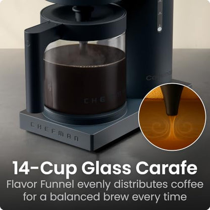 Chefman Caffeinator Programmable Drip Coffee Maker, 14-Cup Glass Carafe with 1-4 Cup Brewing, Classic & Bold Settings, 24-Hour Timer, Customizable Warming Plate, Reusable GoldTone Filter - Midnight
