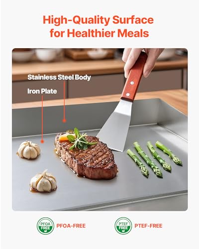 VEVOR Commercial Electric Griddle, 1750W, 122-570°F Adjustable Temp Control, Stainless Steel Countertop Flat Top Grill with 2 Spatulas, 2 Brushes and 4 Foot Pads, for Steak, Pancake