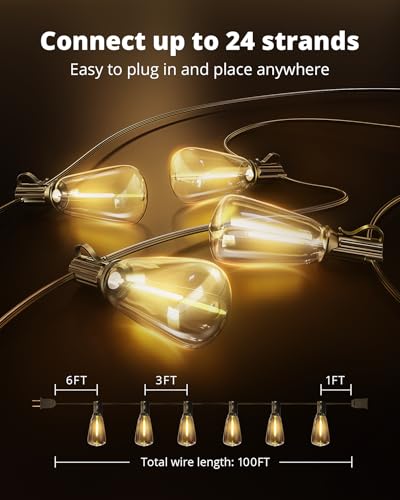 VIPAR LED Outdoor String Lights, 100FT Patio Lights with 32 Edison Shatterproof Bulbs, IPX5 Waterproof Outside Hanging Light Connectable for Backyard Porch Balcony Garden Deck Decor, E12 Base, Black