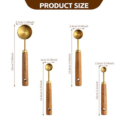 Gold Measuring Cups and Spoons Set of 4, Golden Stainless Steel Measuring Cups with Wooden Handles brass Measuring Spoons Set for Baking Supplies