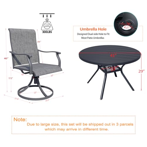 bigget 5 Piece Patio Dining Set for 4, Round Patio Table with Umbrella Hole and Highback Swivel Chairs 450LBS, All Weather Durable Sturdy Powder-Coate 4 Person Outdoor Dining Set for Outside, Grey