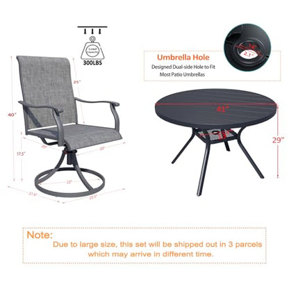 bigget 5 Piece Patio Dining Set for 4, Round Patio Table with Umbrella Hole and Highback Swivel Chairs 450LBS, All Weather Durable Sturdy Powder-Coate 4 Person Outdoor Dining Set for Outside, Grey