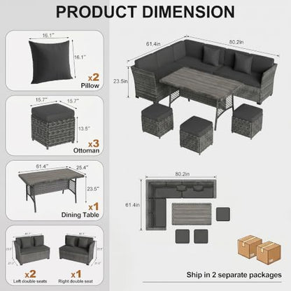 7 Pieces Patio Furniture Set, Patio Sectional with Dining Table & Ottoman