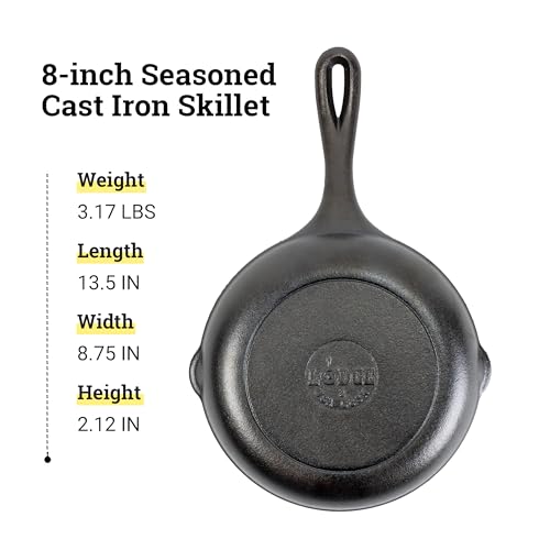 Lodge 8" Cast Iron Skillet - Chef Collection - Perfect Sear - Ergonomic Handles - Superior Heat Retention - Cast Iron Cookware & Skillet