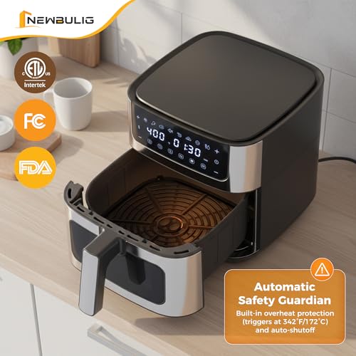 NEWBULIG Air Fryer 6.34QT Airfryer with Visible Window 400℉ Fast Heating Stainless Steel Air Fryers Oven with Nonstick and Dishwasher-Safe Basket 8-in-1 Cooking Preset with Timer Auto-Off