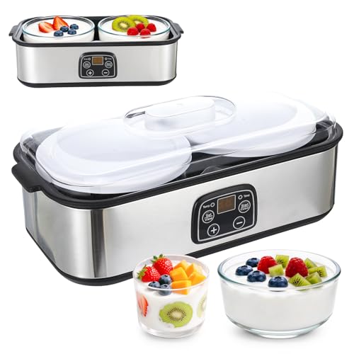 Yogurt Maker with Adjustable Temperature,Time Control,Digital Yogurt Maker Machine with 2 of ThemGlass Jars,Make Trillions of Live Probiotics,Wellness Gifts for Men Women (With Two 1-Quart Containers)