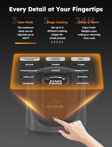 Nuwave Duet Air Fryer, Electric Pressure Cooker & Grill Combo, 540 IN 1 Multicooker with 3 Removable Lids, Slow Cook, Sautés, Dehydrator, 18/10 SS Pot, Sure-Lock Safety Tech & 13 Deluxe Accessories
