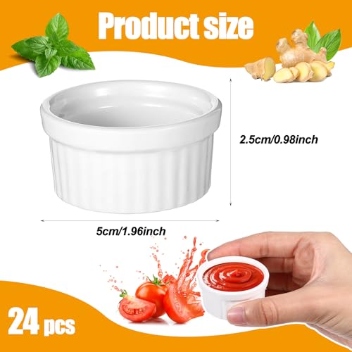 24 Pcs 1 oz Mini Ramekins Small White Ceramic Porcelain Souffle Dish Custard Sauce Dipping Dessert Cups Oven Safe Bowls for Charcuterie Pudding Creme Brulee Condiment Baking Bakeware