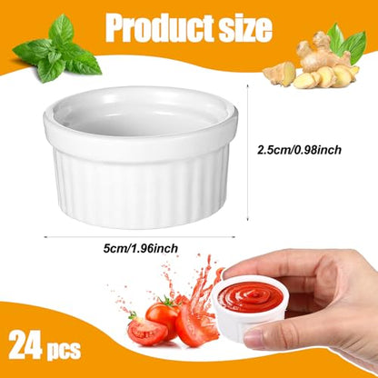 24 Pcs 1 oz Mini Ramekins Small White Ceramic Porcelain Souffle Dish Custard Sauce Dipping Dessert Cups Oven Safe Bowls for Charcuterie Pudding Creme Brulee Condiment Baking Bakeware