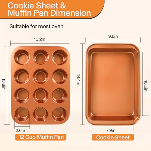 Barlket Baking Pans Set 6-Pieces, Non Stick Bakeware Set Stackable, with Cookie Sheet, Muffin, Round/Square Cake Pan, Loaf Pan, Rack, Oven Mitt for Home Baker, Gold