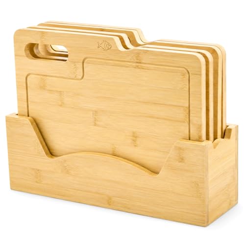 ZENFUN 4 Pack 12.5"L x 9.8"W Bamboo Cutting Boards with Holder, Wood Cutting Board Set, Chopping Boards Set with Food Icons, Kitchen Cutting Board Ideal for Meat, Fish, Bread, Vegetable, Fruit