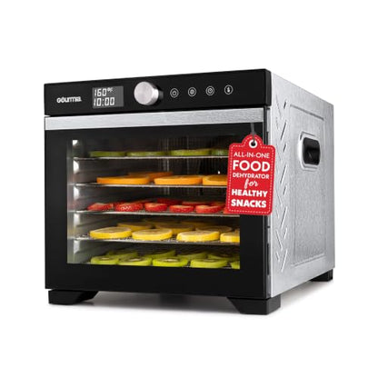 Gourmia Digital Food Dehydrator – 6 Stainless Steel Trays, 360° Airflow, One-Touch Presets, Adjustable Temp 95–165°F, Timer, Glass Door, Quiet Operation, 600W – Healthy Snacks, Jerky, Fruits & More