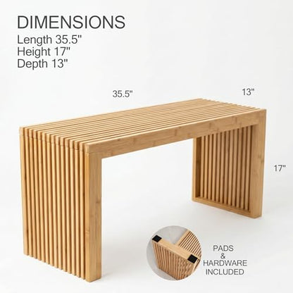Bamboo Natural 36 inch Wooden Bench, Small Wood Benches for Entryway, Living & Dining Room, Kitchen, Bedroom, Bathroom, Hallway, Front Door, For Indoor & Outdoor Patio Use, Mid Century Modern Decor