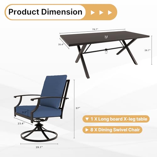 Gotland 9 Piece Outdoor Dining Set, Metal Outdoor Table and Swivel Chairs with X-Shaped Legs 1.5" Umbrella Hole, Patio Furniture Set with Waterproof Cushions, Patio Dining Sets for Backyard Deck Navy