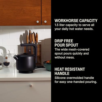 Fellow Clyde Electric Kettle - 1.5 Liter Capacity - Modern Twist On Stovetop Design, All-Purpose, Stainless Steel - Warm Water for Ramen, Oatmeal, Tea, Coffee & more - Large Capacity - Smoke Green