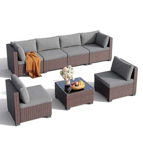 Qsun 7 Pieces Outdoor Patio Furniture Set, PE Rattan Outdoor Wicker Sectional Furniture Sofa Set, with Cushions and Glass Coffee Table, for Balcony, Porch, Garden, Grey
