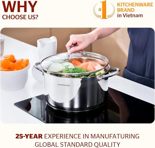 Sunhouse Stock Pot with Lid - 7 QT Large Pot for Cooking Pasta, Soup, Spaghetti - Impact Bonding Base Big Stainless Steel Pots for Canning, Boiling - Oven Safe & Induction Compatible Cookware