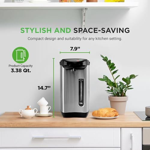NutriChef Hot Water Urn Pot 3.38 QT, Insulated Stainless Steel Hot Water Dispenser & Boiler, Auto & Manual Dispense, Safety Lock, Electric Kettle